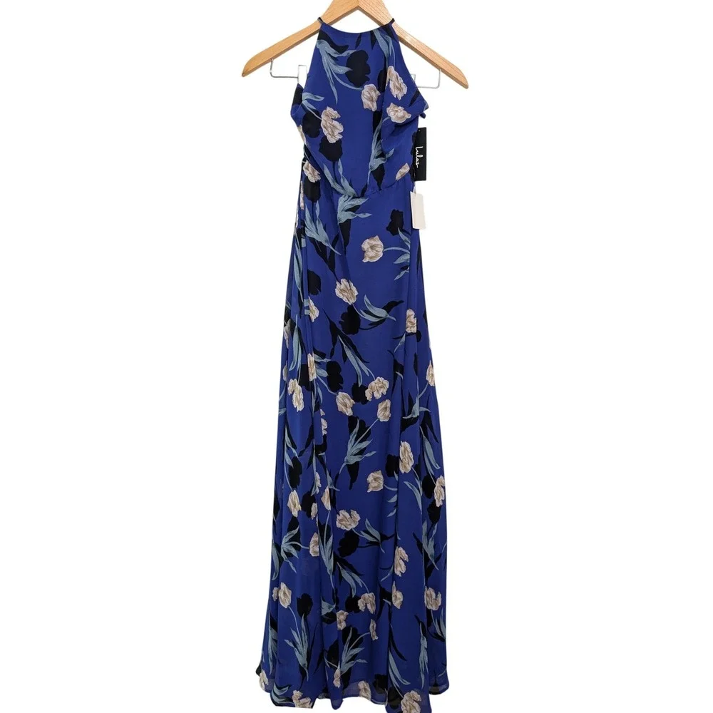 NWT Lulus Maxi Dress Blue Floral Halter Lace Up Back - S